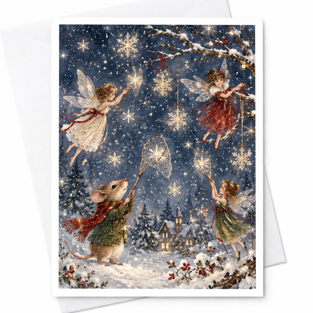 Fairy Winter Wonderland Christmas Card Cute Holiday Greeting Card For Kids Magical Snowflake Scene Enchanting Mouse C9496