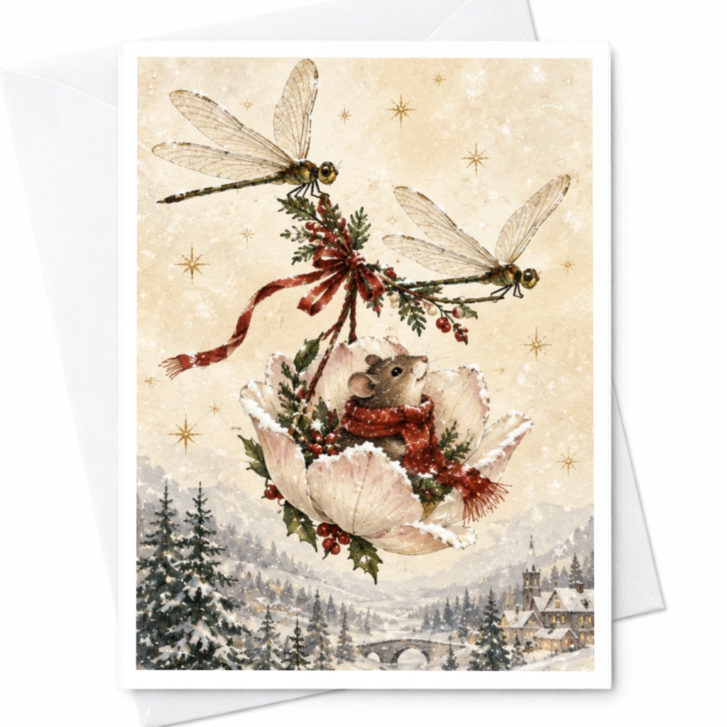 Mouse In Flower Christmas Card Cute Winter Scene With Dragonflies Holiday Greeting Card For Animal Lover Whimsical Art C9497
