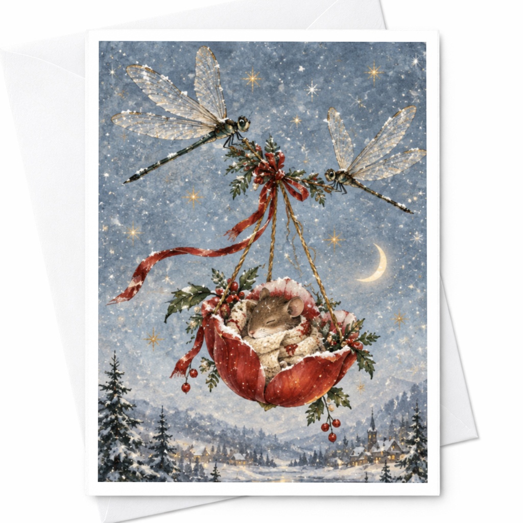 Mouse In Flower Christmas Card Cute Winter Scene With Dragonflies Holiday Greeting Card For Animal Lover Whimsical Art C9498