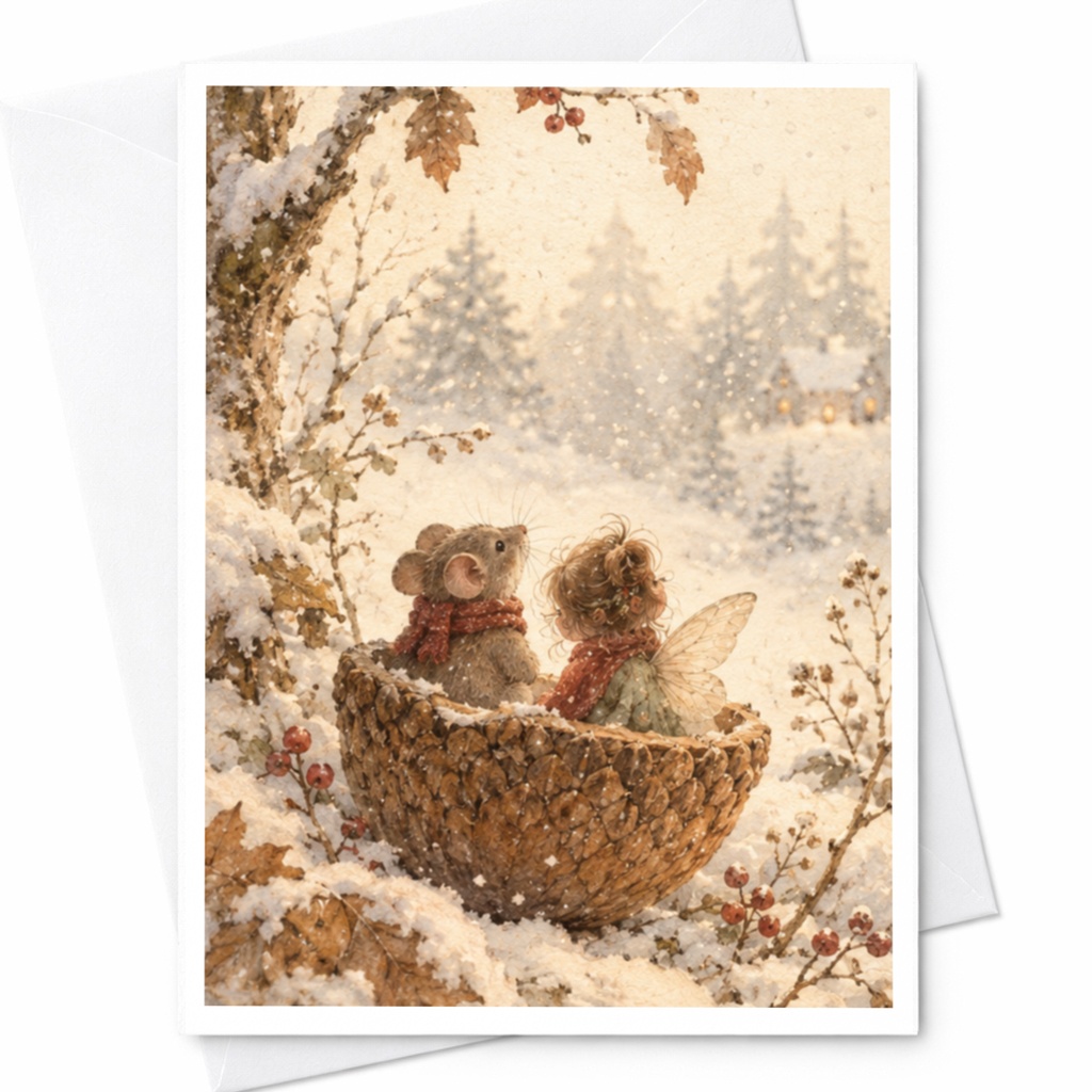 Mouse And Fairy Winter Scene Blank Greeting Card Cute Animal Card For Friend Whimsical Art Everyday Card Nature Lover C9479