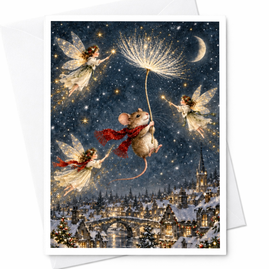 Mouse With Fairies Christmas Card Magical Winter Scene Holiday Greeting Card For Kids Cute Fantasy Art Festive Illustration C9481