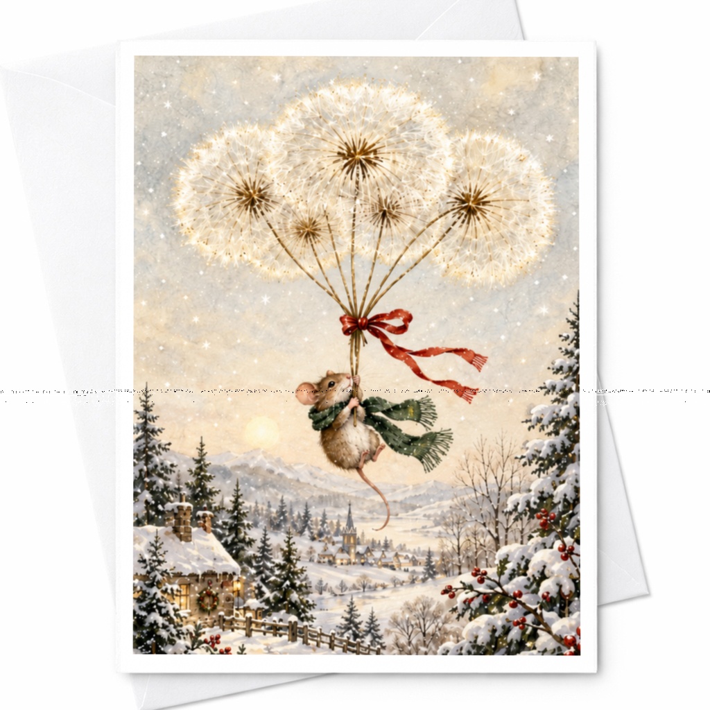 Mouse With Dandelion Balloons Christmas Card Cute Winter Scene Holiday Greeting Card For Animal Lover Whimsical Festive Card C9482