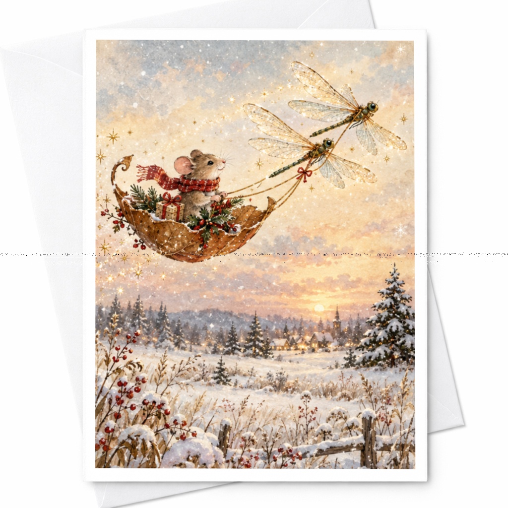 Mouse In Sleigh Christmas Card Winter Wonderland Scene Cute Holiday Greeting Card For Animal Lover Festive Snowy Landscape C9502