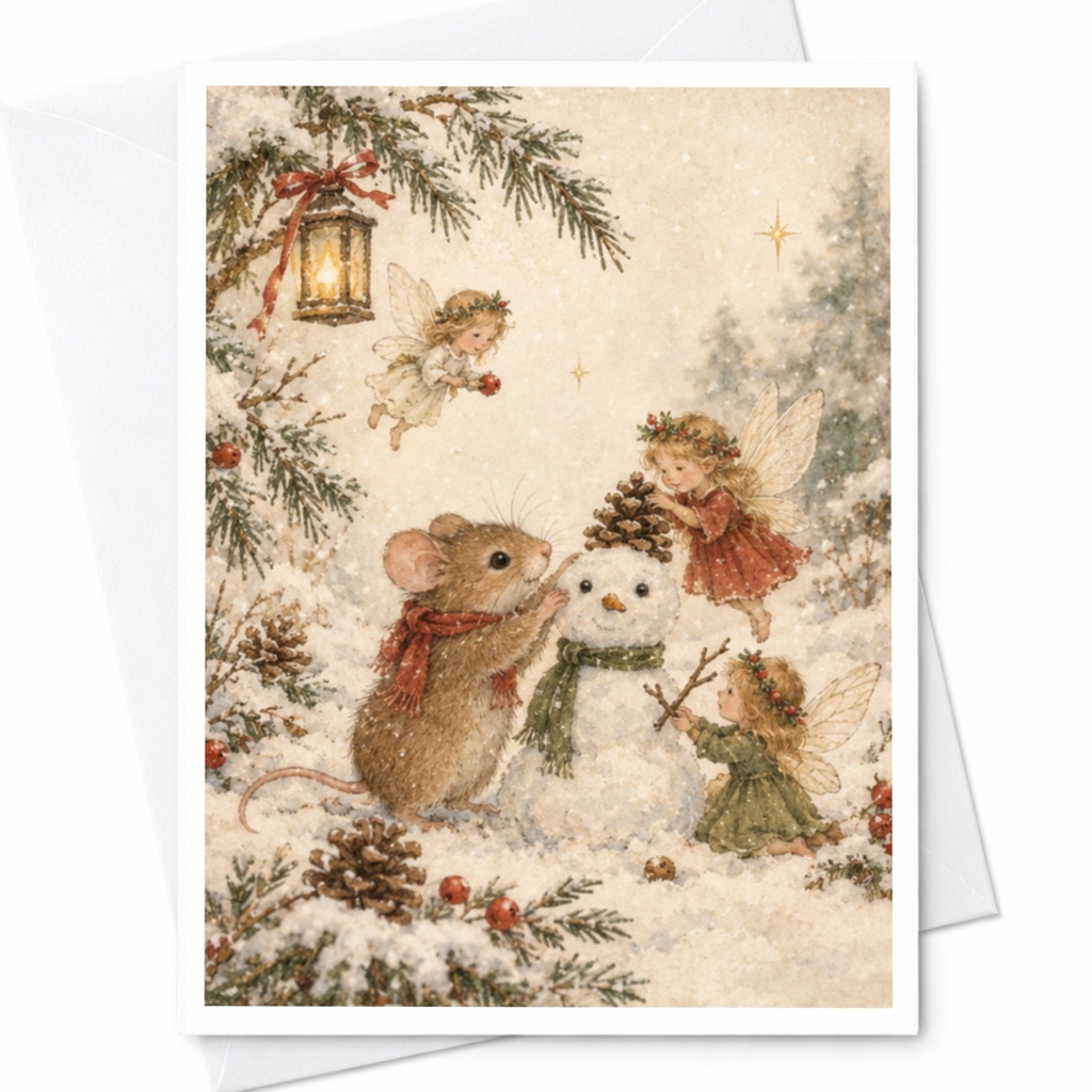 Mouse And Fairies Christmas Card Cute Winter Scene Holiday Greeting Card For Kids Whimsical Snowman Illustration Festive Card C9483
