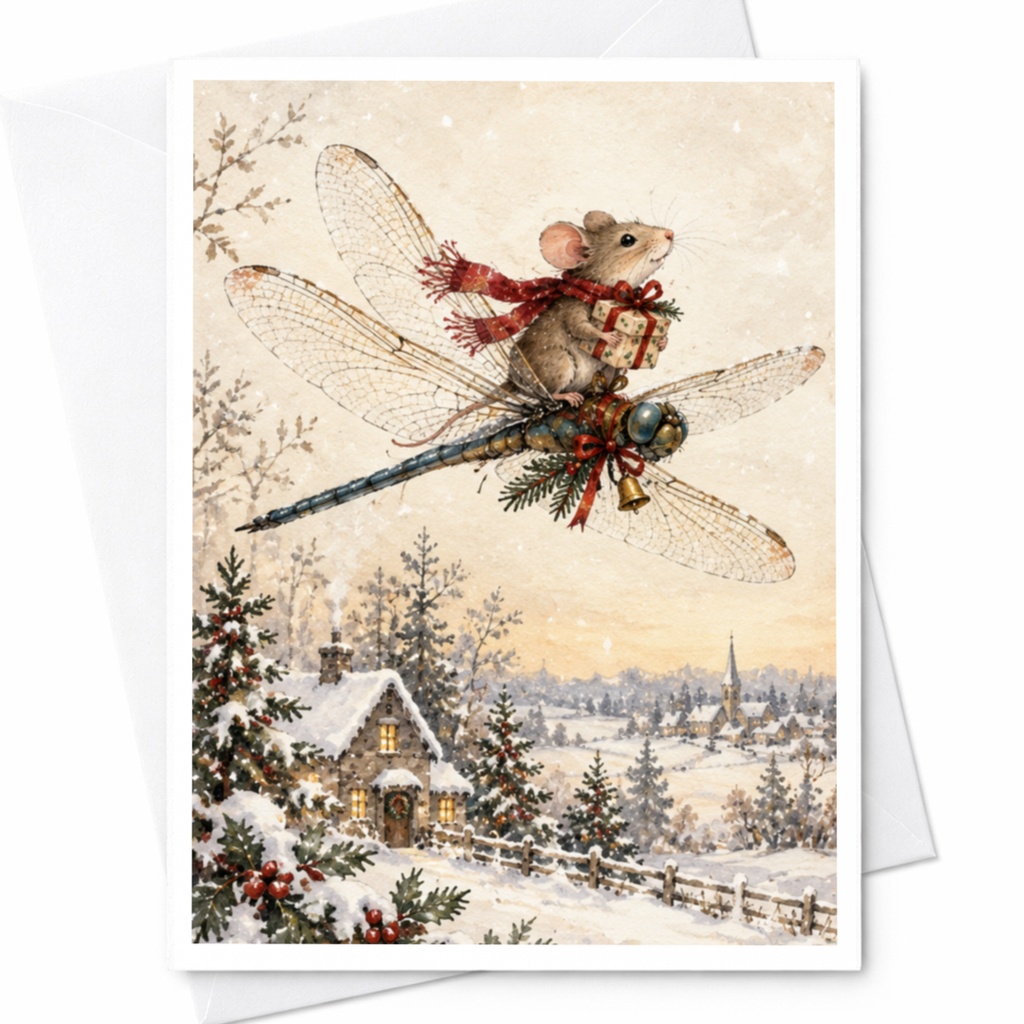 Mouse Riding Dragonfly Christmas Card Winter Scene Holiday Greeting Card Cute Animal Illustration For Nature Lover C9503