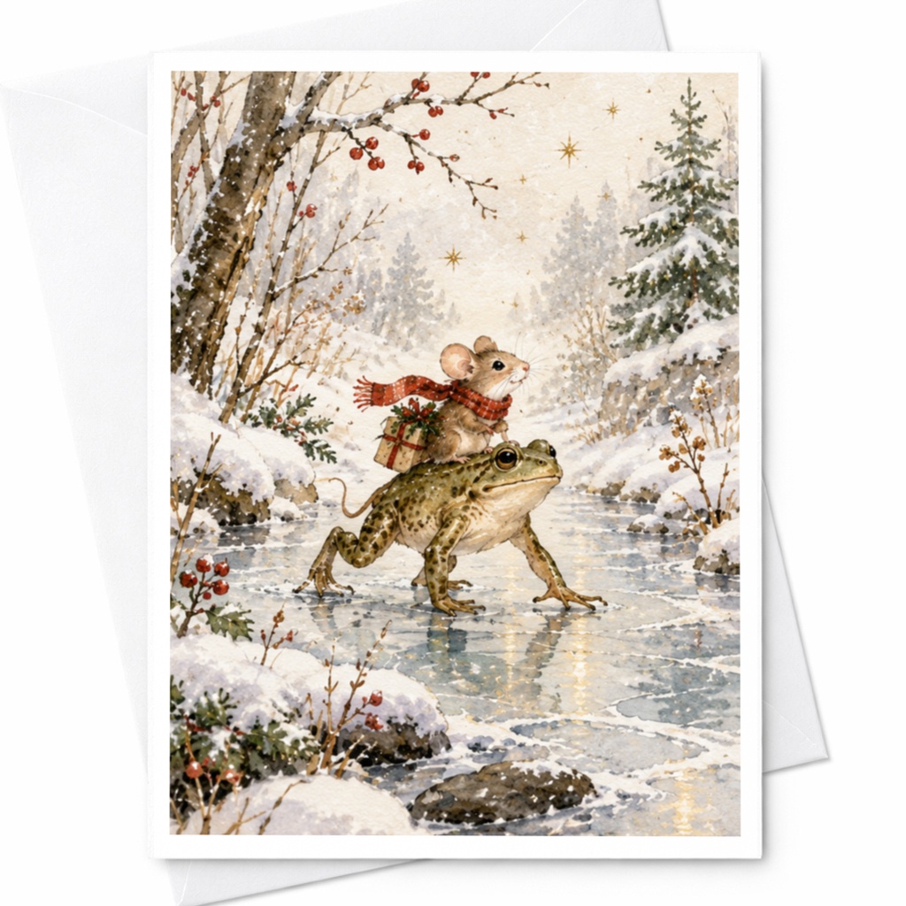 Mouse Riding Frog Winter Scene Blank Greeting Card Cute Animal Card For Nature Lover Whimsical Holiday Card Christmas Card C9485