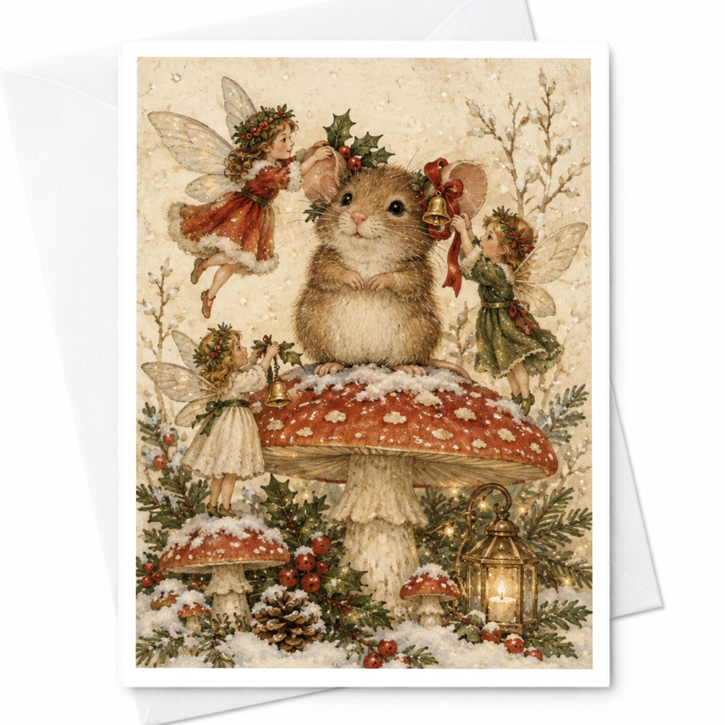 Mouse With Fairies Christmas Card Cute Holiday Greeting Card Woodland Animal Art For Kids Winter Scene Festive Card C9505