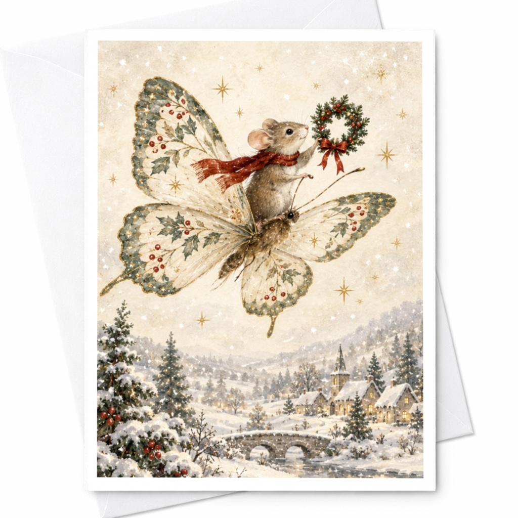 Mouse With Butterfly Wings Christmas Card Cute Holiday Greeting Card Winter Scene For Animal Lover Whimsical Festive Card C9507