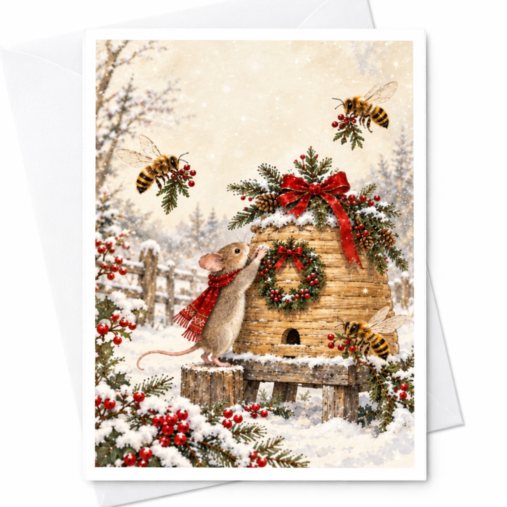 Mouse Decorating Beehive Christmas Card Cute Winter Scene Holiday Greeting Card For Animal Lover Festive Nature Illustration C9491
