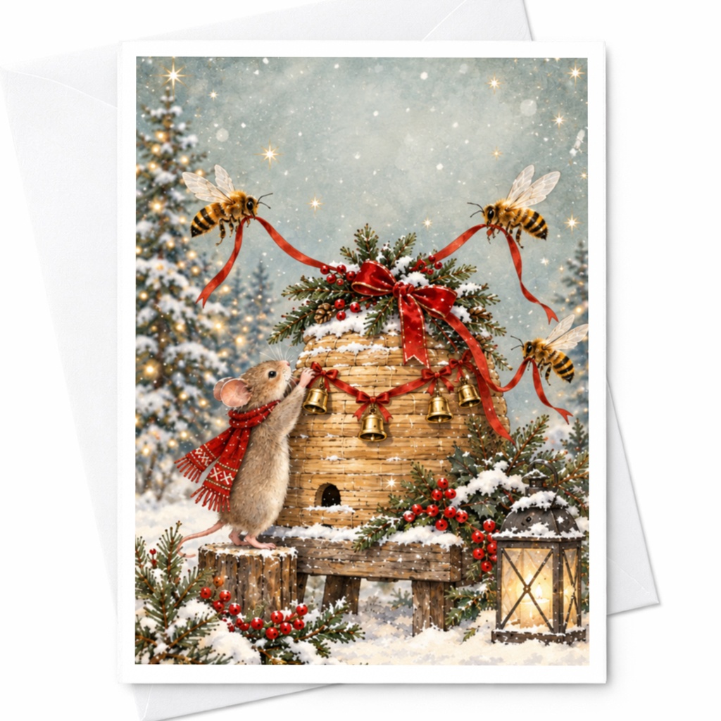 Mouse Decorating Beehive Christmas Card Cute Winter Scene Holiday Greeting Card For Animal Lover Festive Snowy C9492
