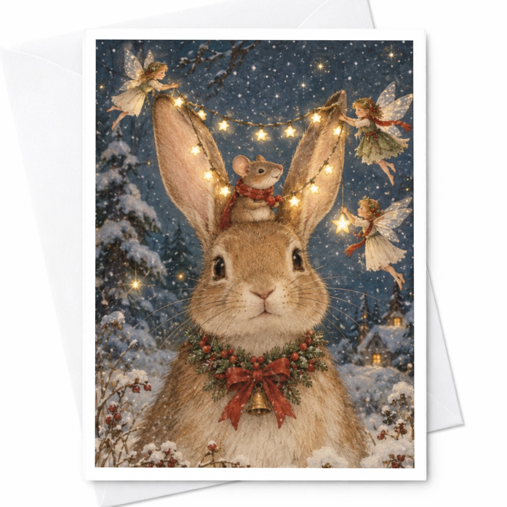 Bunny Christmas Card Cute Animal Greeting Card With Fairies And Stars Winter Wonderland Holiday Card For Animal Lovers C9494