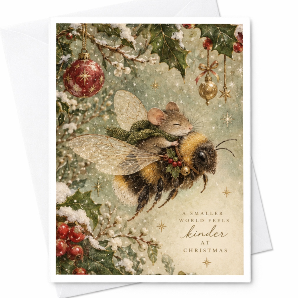 A Smaller World Feels Kinder At Christmas Card Cute Mouse Bee Illustration Holiday Greeting Card For Animal Lover C9514