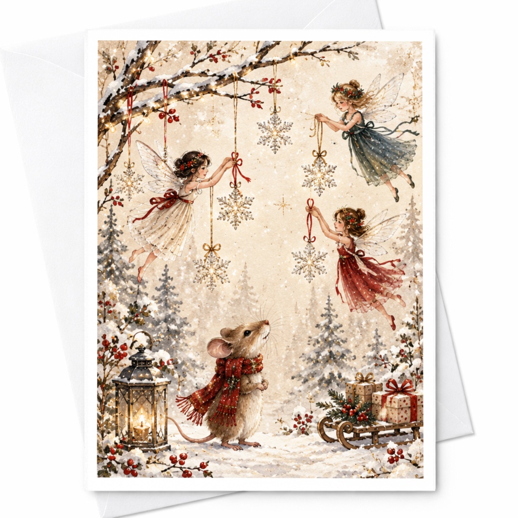 Fairy Tale Winter Scene Christmas Card Cute Mouse Fairies Holiday Greeting Card For Kids Magical Snowy Forest Illustration C9495