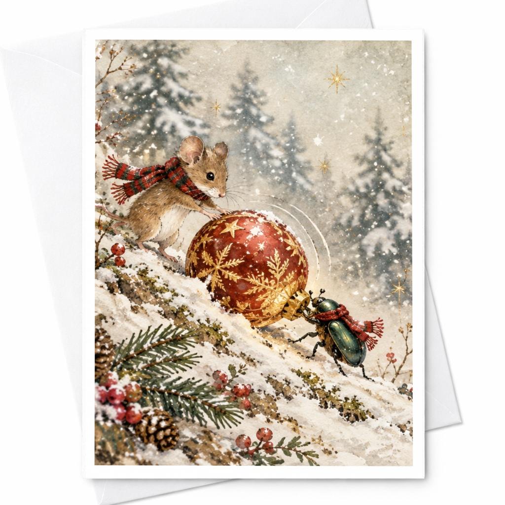 Mouse And Beetle Christmas Card Cute Animal Holiday Greeting Card Winter Scene For Nature Lover Festive Snowy Illustration C9516