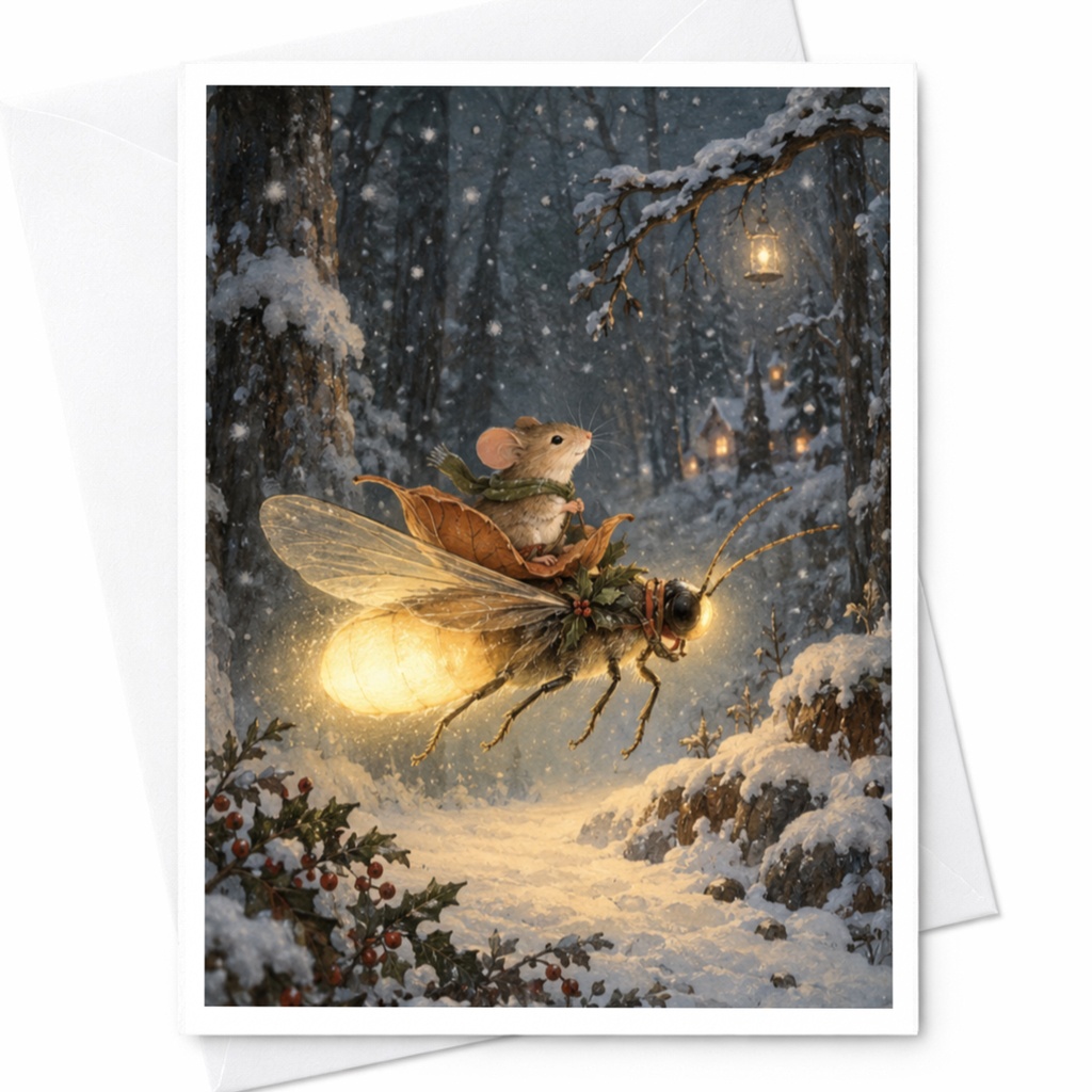 Mouse Riding Firefly Card Enchanted Forest Greeting Card Blank Note Card For Nature Lover Whimsical Animal Art Winter Scene C9518