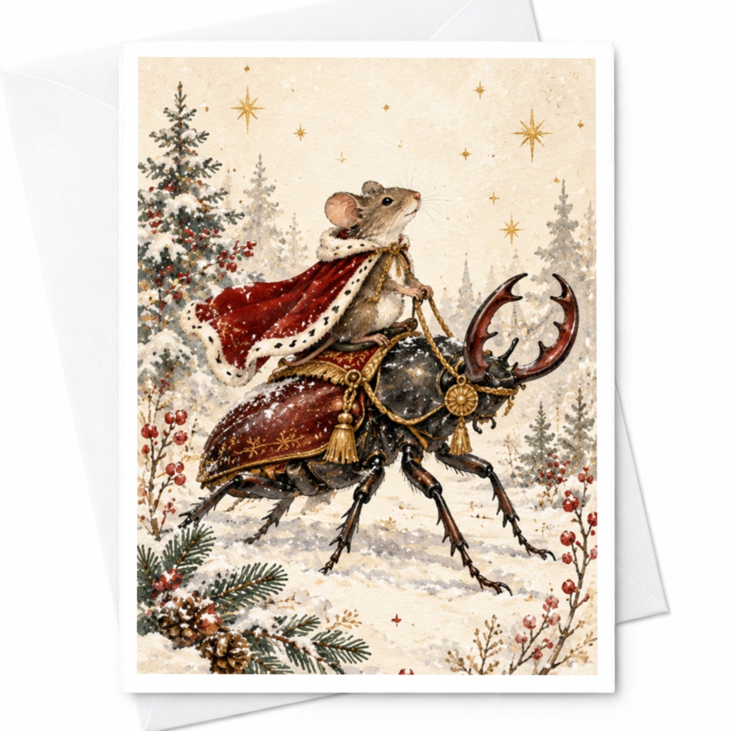 Mouse Riding Beetle Christmas Card Whimsical Winter Scene Holiday Greeting Card For Animal Lover Cute Festive Card C9519