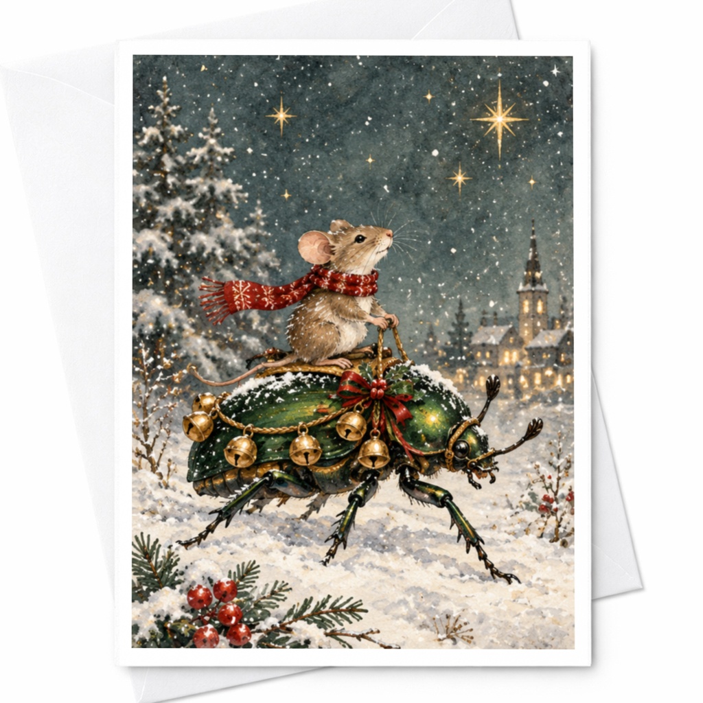 Mouse Riding Beetle Christmas Card Cute Winter Scene Holiday Greeting Card For Animal Lover Festive Snowy Illustration C9520