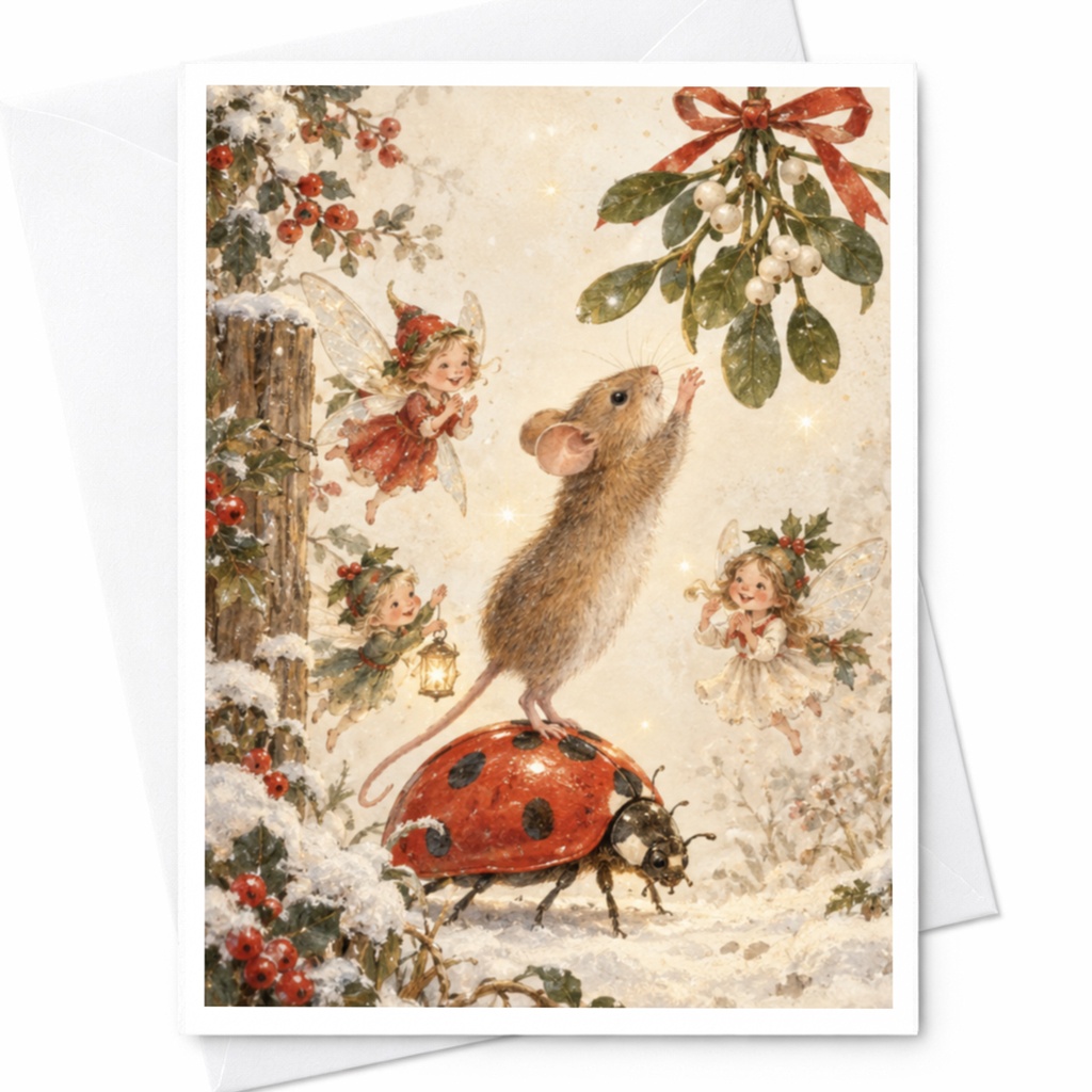 Mouse And Fairies Christmas Card Cute Holiday Greeting Card Winter Scene For Kids Animal Lover Whimsical Festive Card C9521