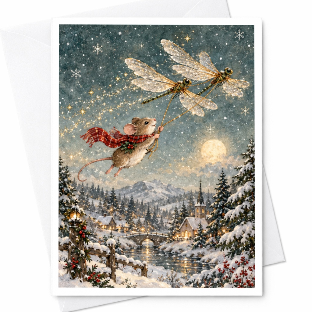Mouse Flying With Dragonflies Christmas Card Winter Wonderland Scene Cute Holiday Greeting Card For Animal Lover Festive C9501