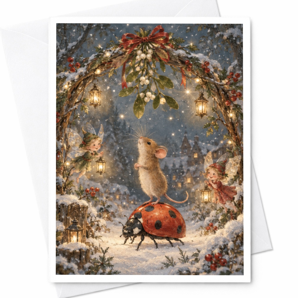 Mouse And Ladybug Christmas Card Cute Winter Scene Greeting Card For Animal Lover Holiday Card Fairy Tale Illustration C9522