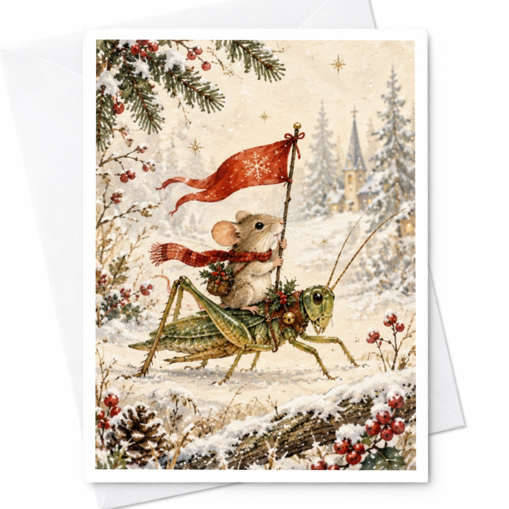 Mouse Riding Grasshopper Christmas Card Cute Winter Scene Holiday Greeting Card For Animal Lover Whimsical Festive C9523