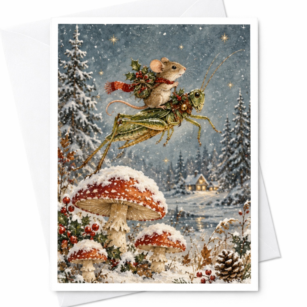 Mouse Riding Grasshopper Christmas Card Winter Wonderland Greeting Card Cute Animal Holiday Card For Nature Lover C9524