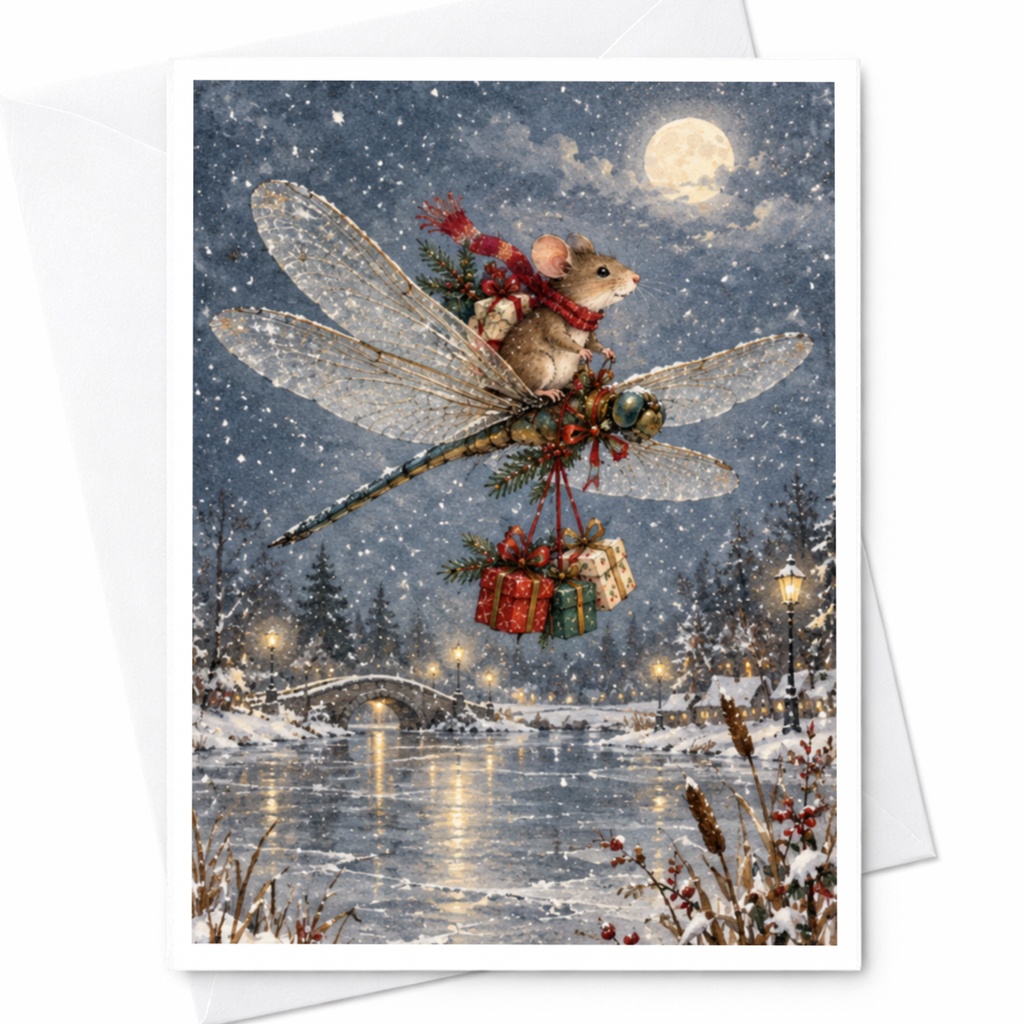 Mouse On Dragonfly Christmas Card Winter Wonderland Scene Cute Holiday Greeting Card For Animal Lover Whimsical Festive Card C9504