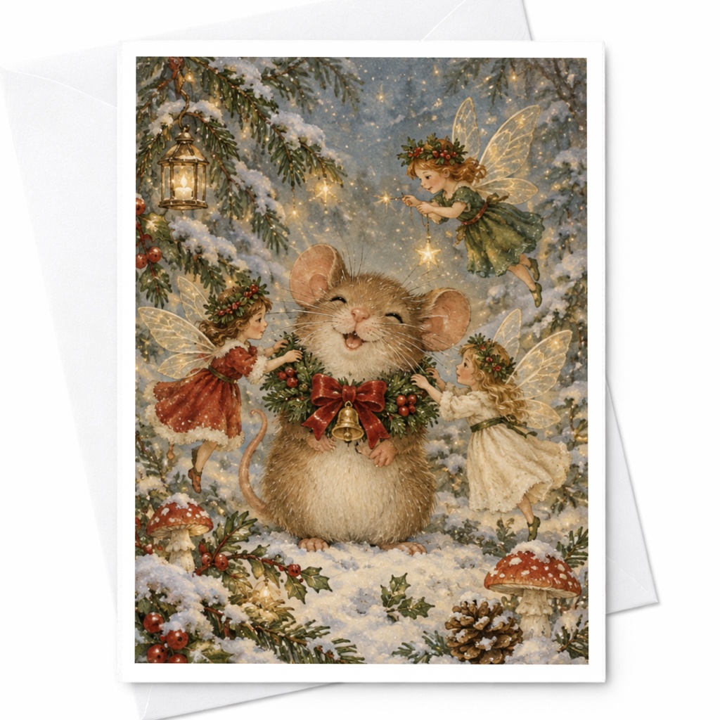 Mouse With Fairies Christmas Card Cute Winter Scene Greeting Card Holiday Card For Kids Whimsical Animal Lover Card C9506