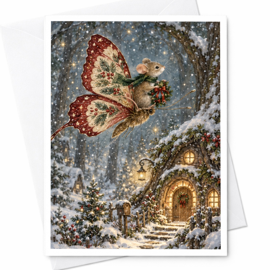 Mouse Fairy Christmas Card Winter Wonderland Greeting Card Cute Animal Holiday Card For Nature Lover Whimsical Festive Card C9508