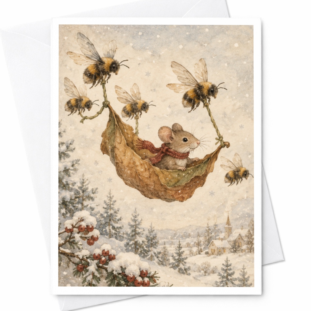 Mouse In Leaf Hammock With Bees Blank Greeting Card Cute Animal Card For Nature Lovers Whimsical Winter Scene Everyday Card C9529