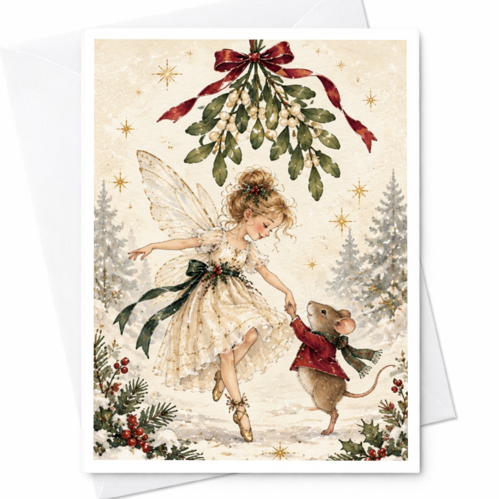 Fairy And Mouse Christmas Card Whimsical Holiday Greeting Card For Her Cute Winter Scene Festive Illustration C9509