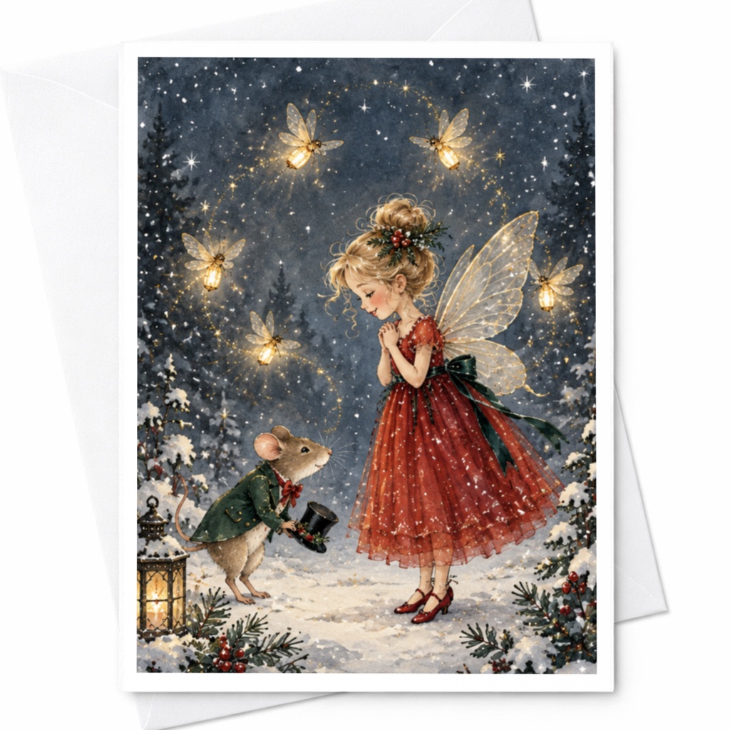 Fairy And Mouse Christmas Card Enchanting Winter Scene Greeting Card For Her Magical Holiday Card Cute Fantasy Art C9510