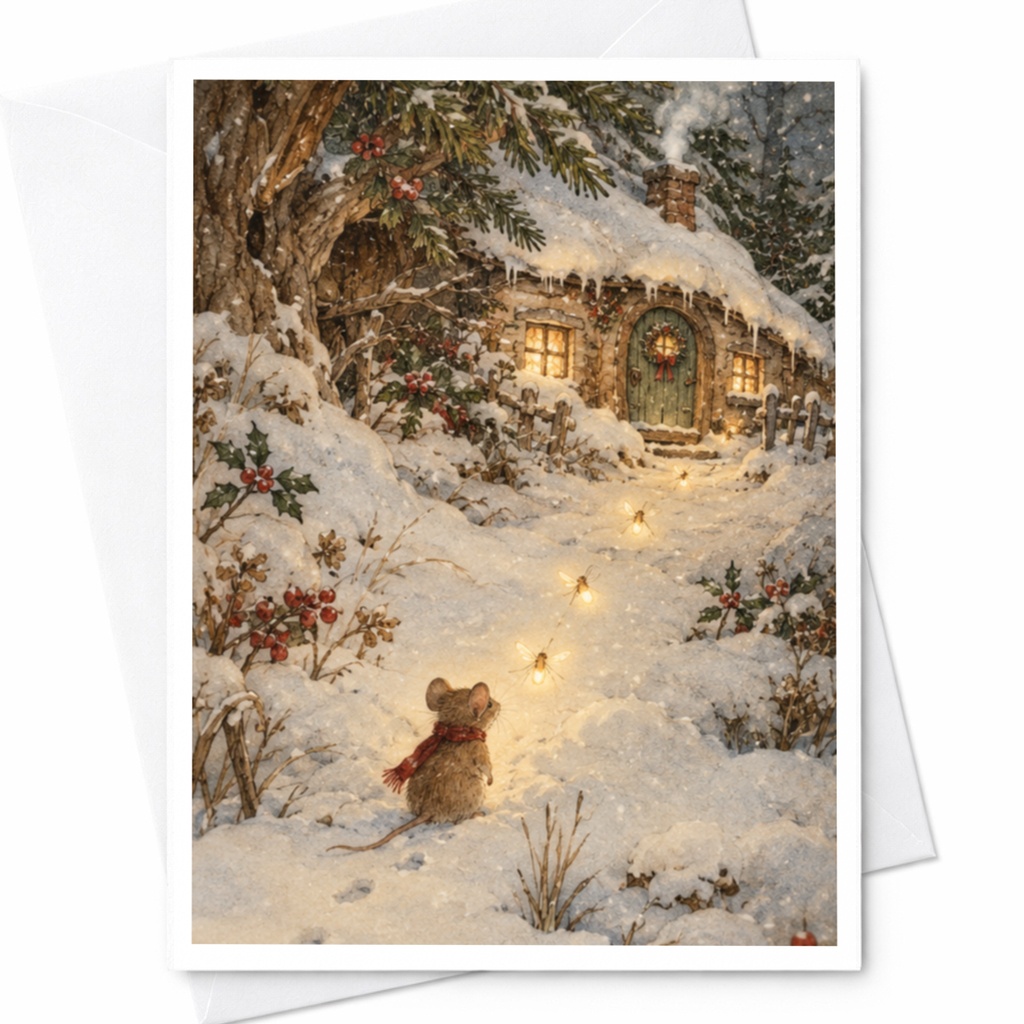 Mouse In Snow Christmas Card Cozy Winter Scene Holiday Greeting Card For Animal Lover Cute Festive Cottage Illustration C9511