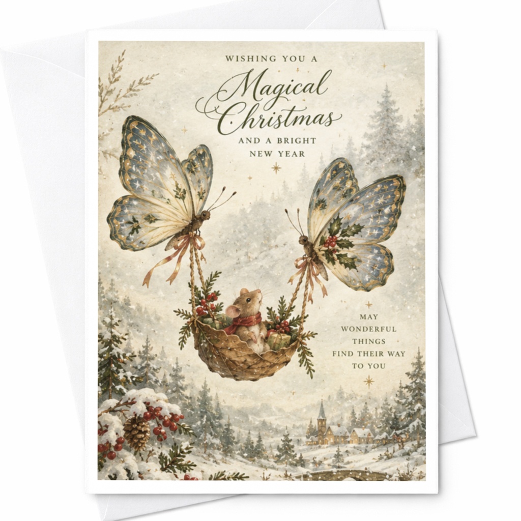 Wishing You A Magical Christmas And A Bright New Year Christmas Card Cute Winter Scene With Butterflies Mouse Holiday Greeting C9532