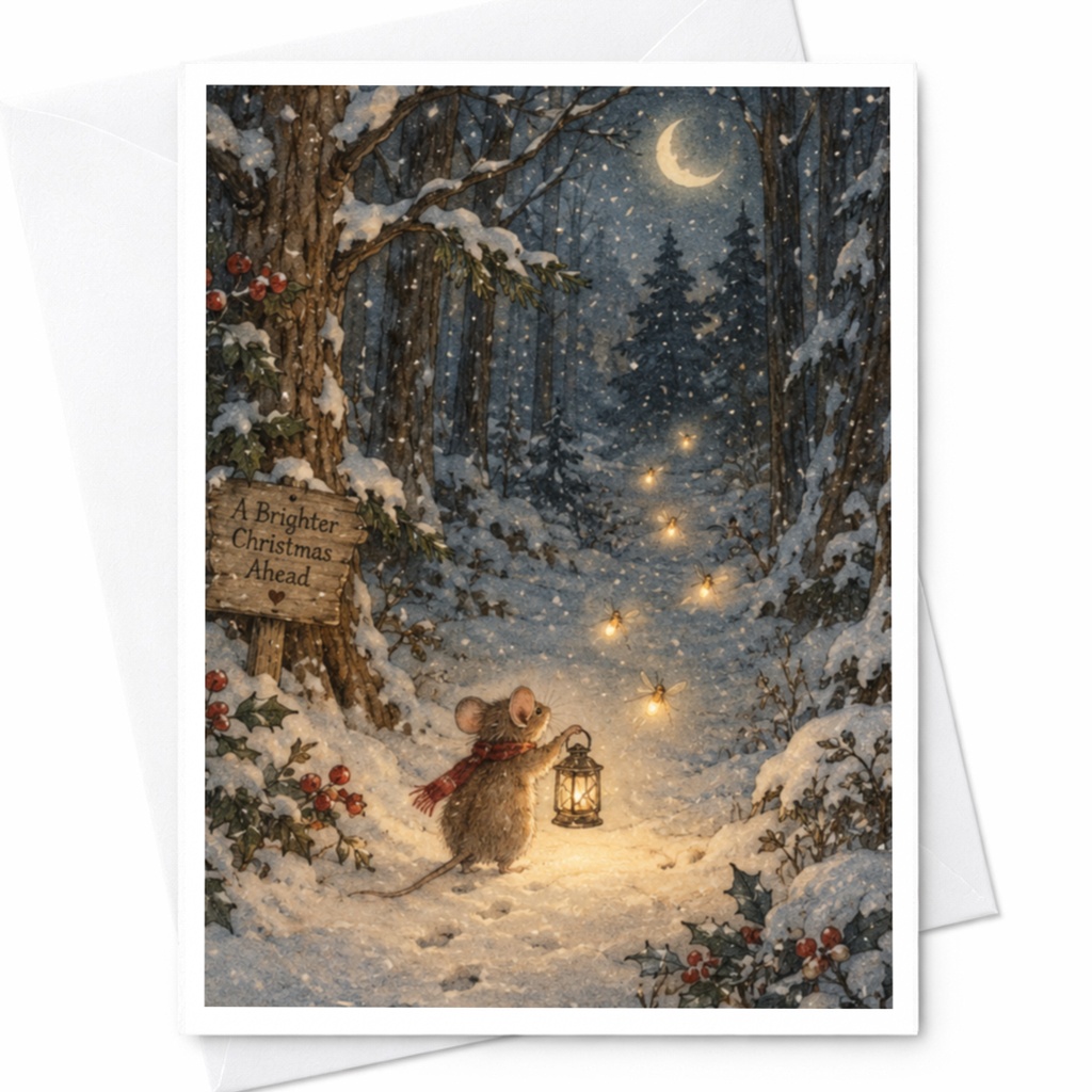A Brighter Christmas Ahead Cute Christmas Card Mouse Lantern Snowy Forest Holiday Greeting Card For Family Friends C9512