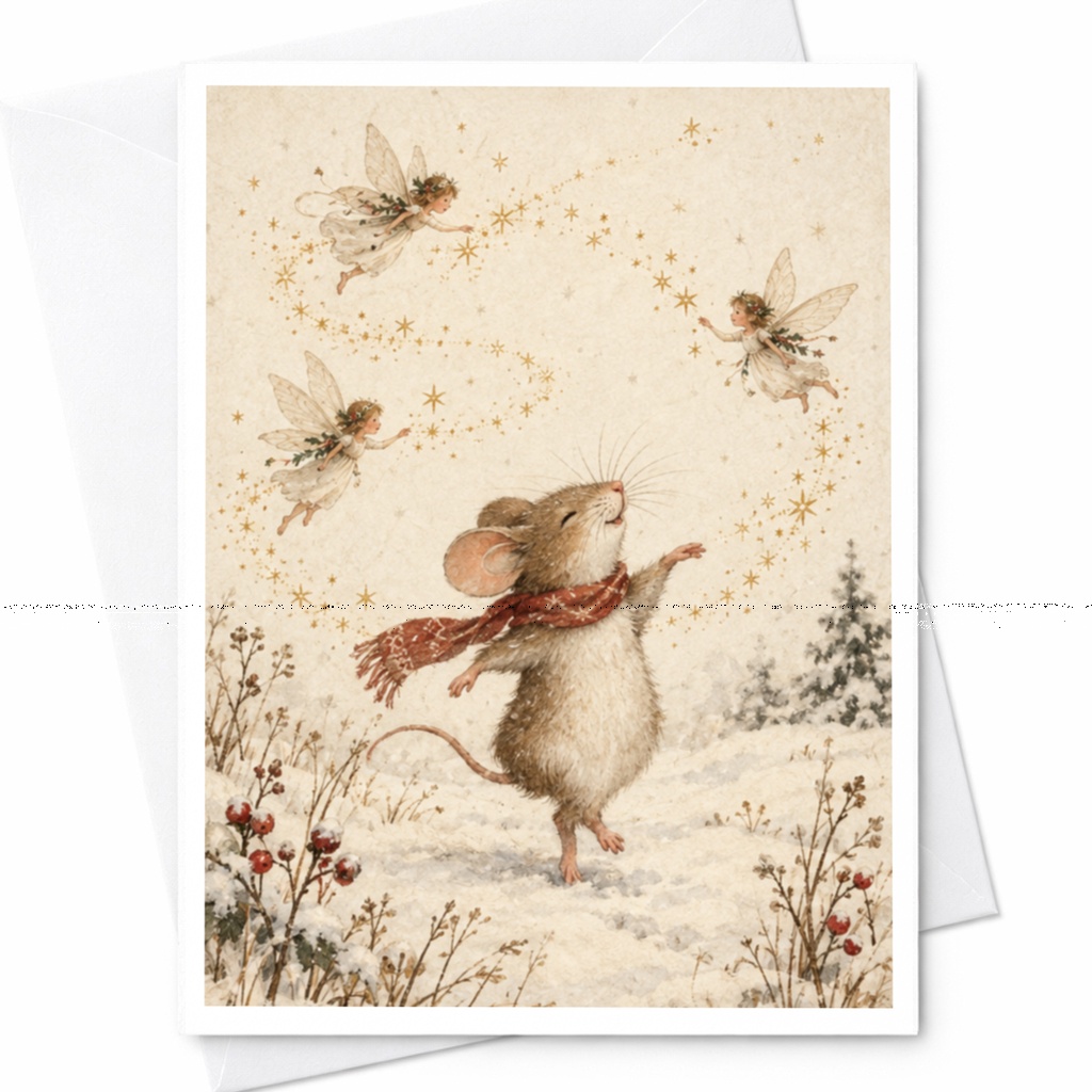 Mouse And Fairies Winter Card Blank Greeting Card Cute Animal Illustration For Nature Lover Whimsical Art Card C9533