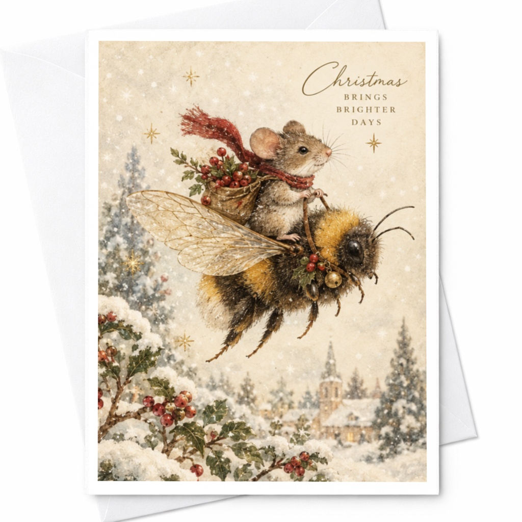 Christmas Brings Brighter Days Christmas Card Cute Mouse Riding Bee Holiday Greeting Card Winter Wonderland Scene C9513