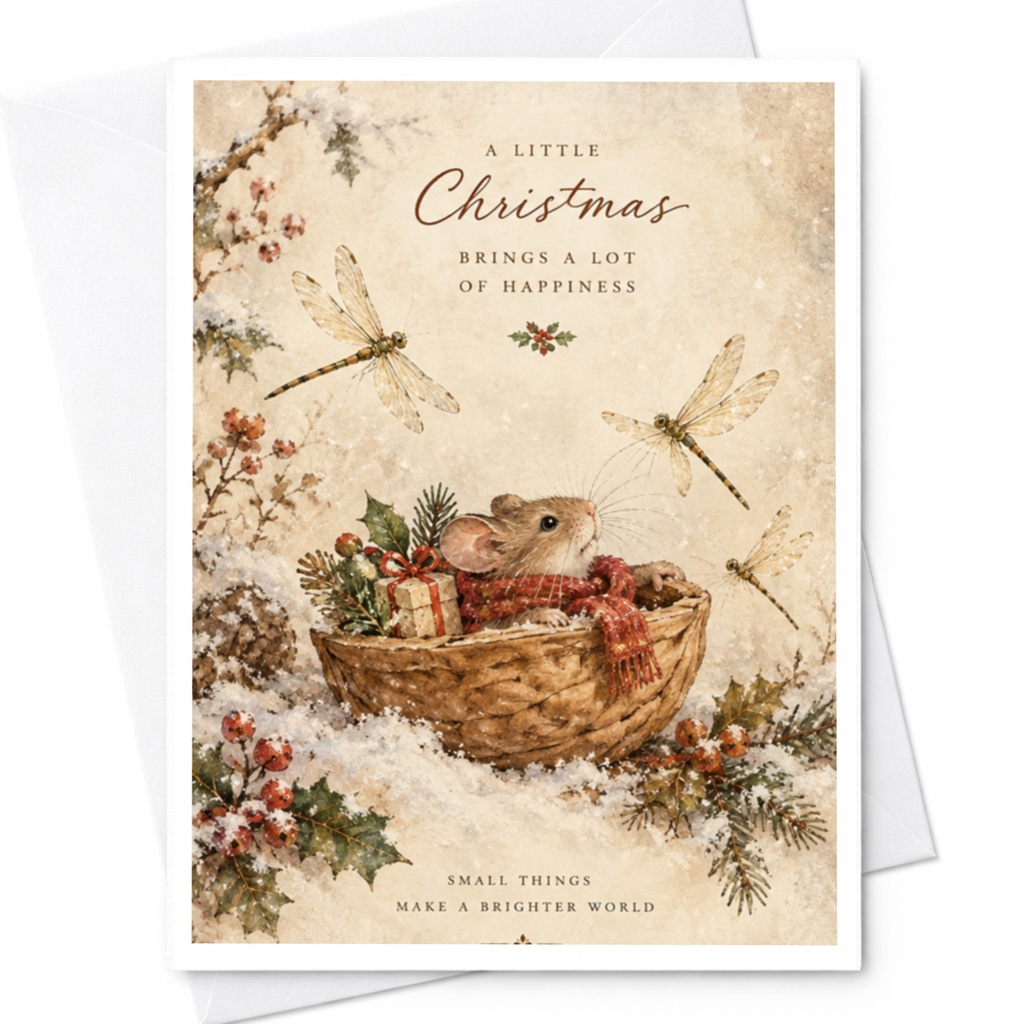 A Little Christmas Brings A Lot Of Happiness Cute Christmas Card Mouse In Basket Holiday Greeting Card For Animal Lover C9535