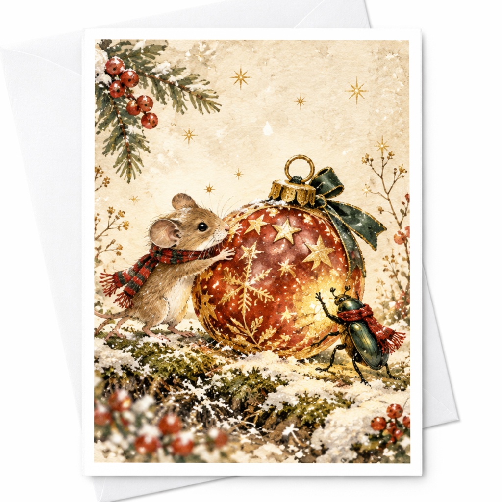 Mouse And Beetle Christmas Card Cute Animal Holiday Greeting Card Winter Scene For Nature Lover Festive Ornament C9515