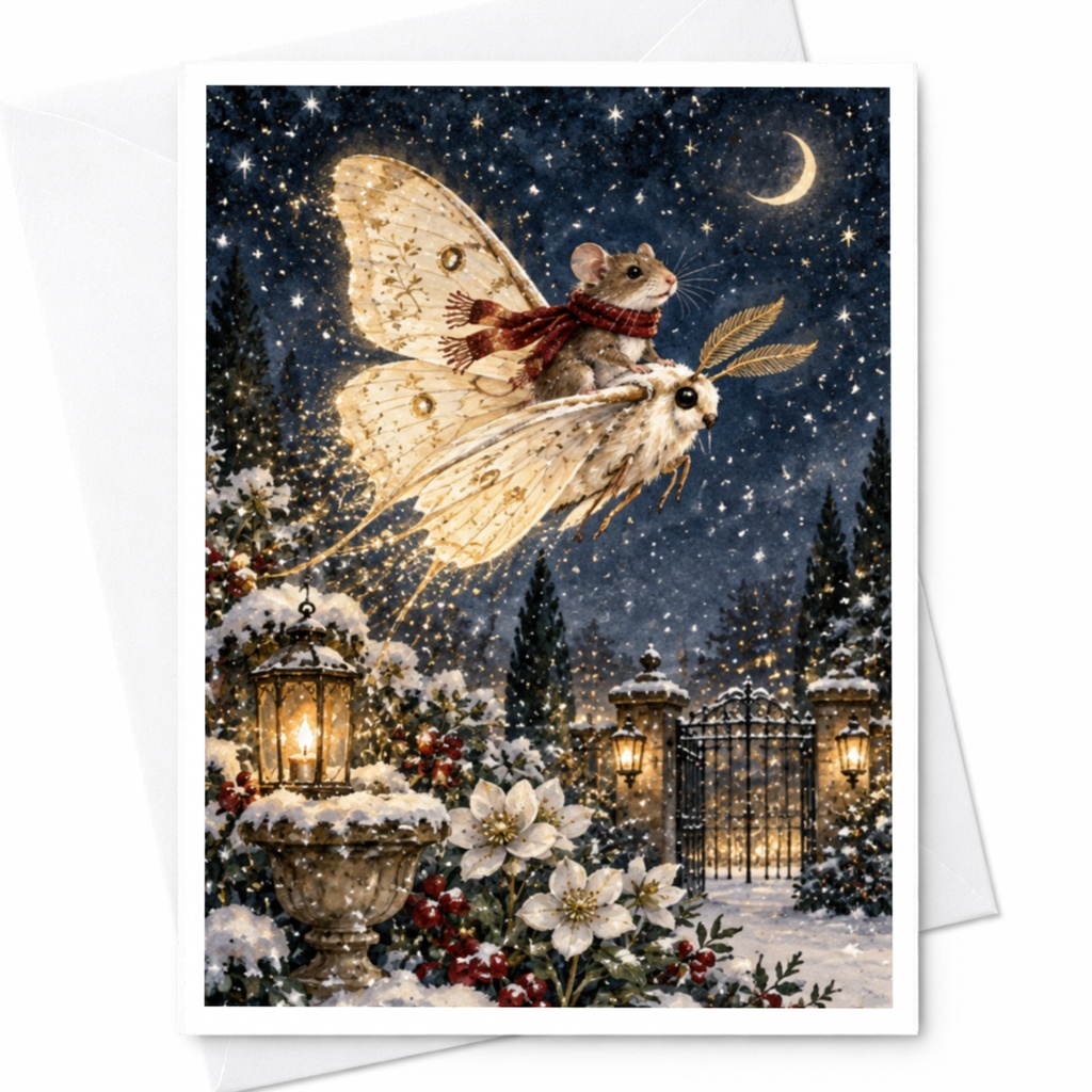 Mouse Riding Moth Winter Night Card Blank Greeting Card Whimsical Animal Art For Nature Lover Cute Fantasy Illustration C9537