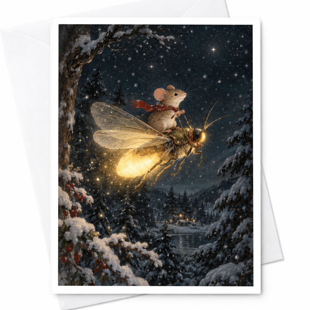 Mouse Riding Firefly Card Whimsical Animal Greeting Card Blank Note Card For Nature Lover Cute Winter Scene Fantasy Art C9517