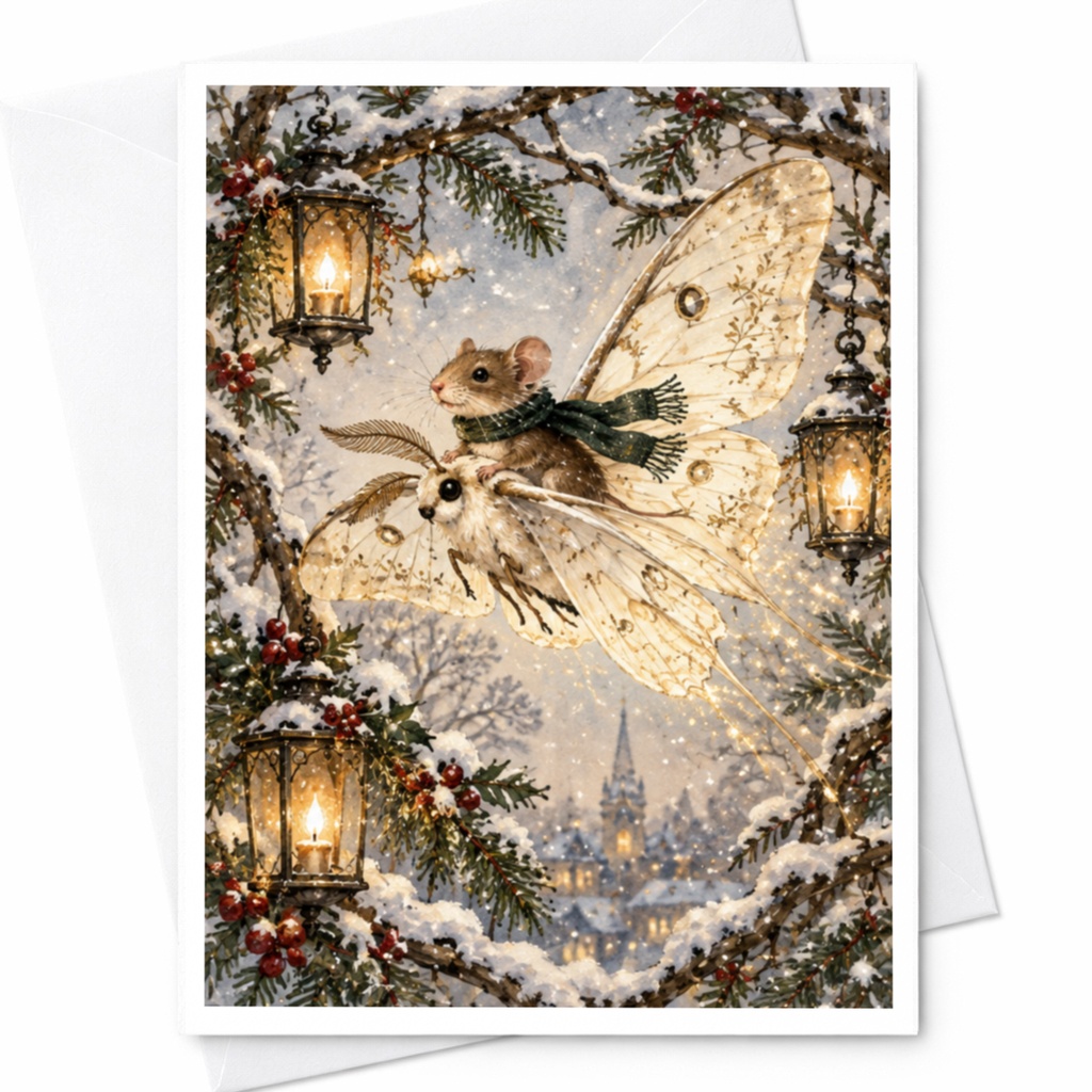 Mouse Riding Moth Christmas Card Winter Wonderland Greeting Card For Animal Lover Cute Holiday Card Snowy Scene C9538