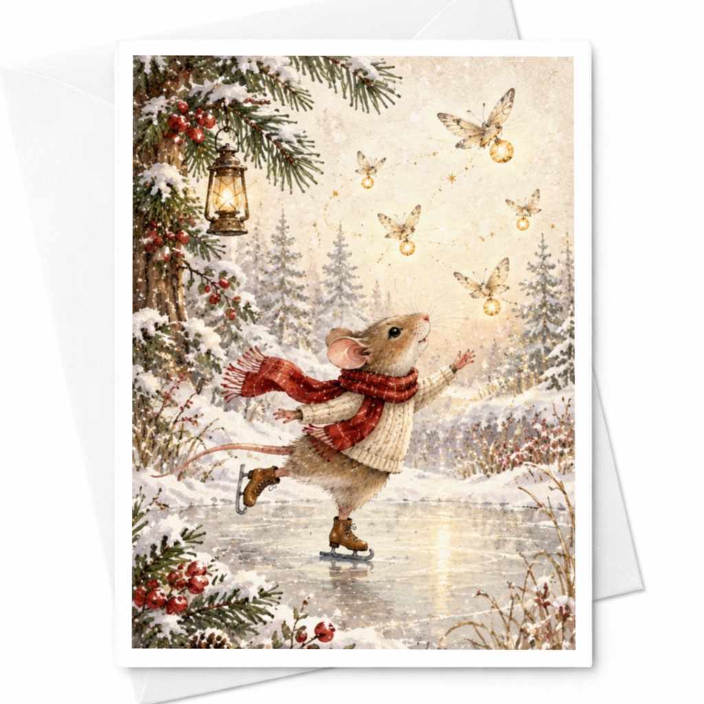 Mouse Ice Skating Christmas Card Winter Scene Cute Animal Greeting Card For Holiday Season Woodland Art Lovers C9539
