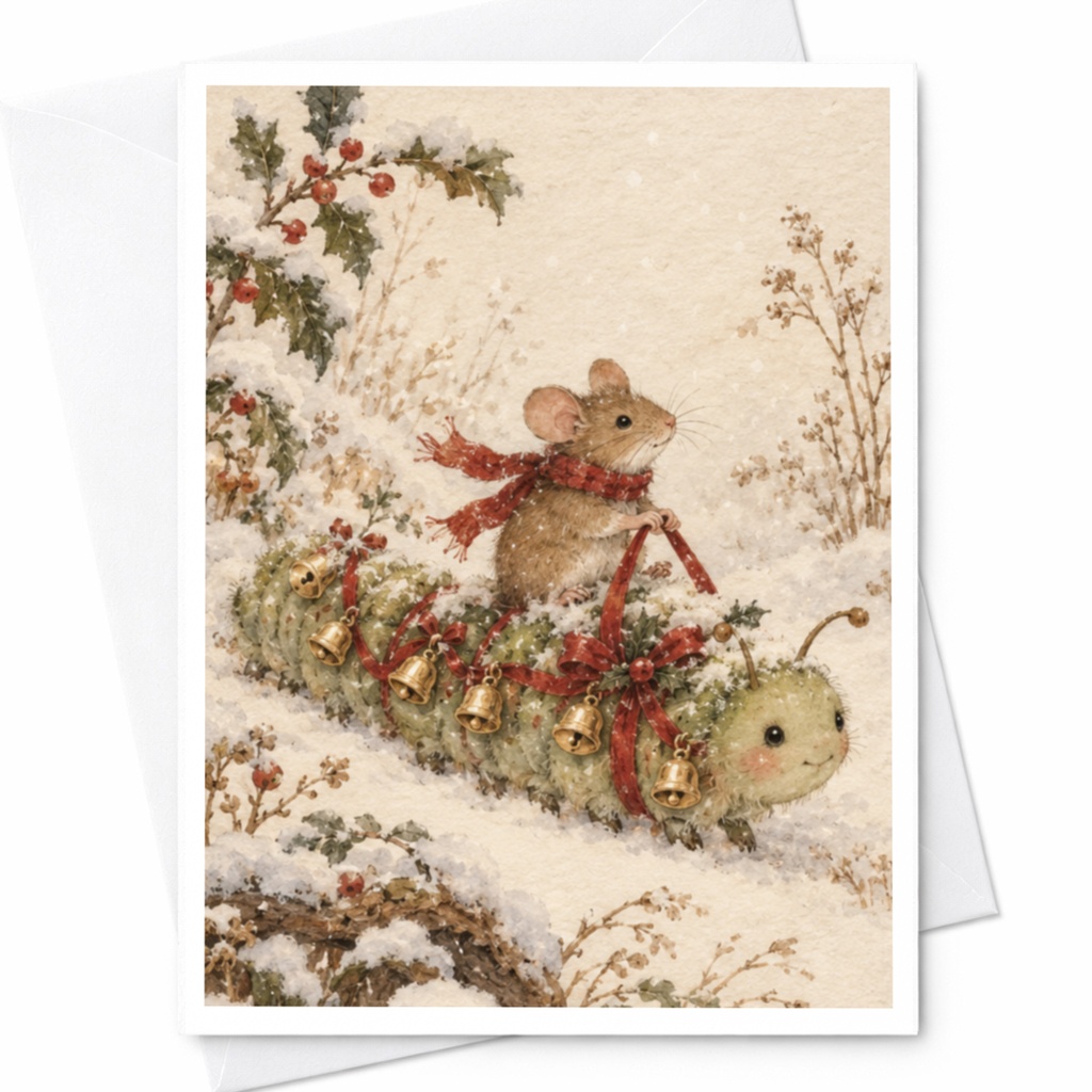 Mouse Riding Caterpillar Christmas Card Cute Winter Animal Greeting Card For Kids Holiday Card Whimsical Snowy Scene C9541