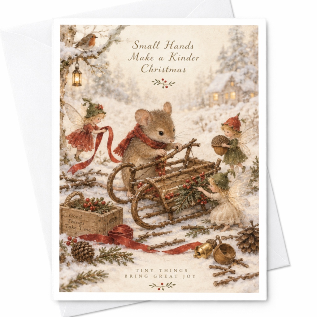 Small Hands Make A Kinder Christmas Card Cute Mouse With Sled And Fairies Holiday Greeting Card Winter Scene C9545