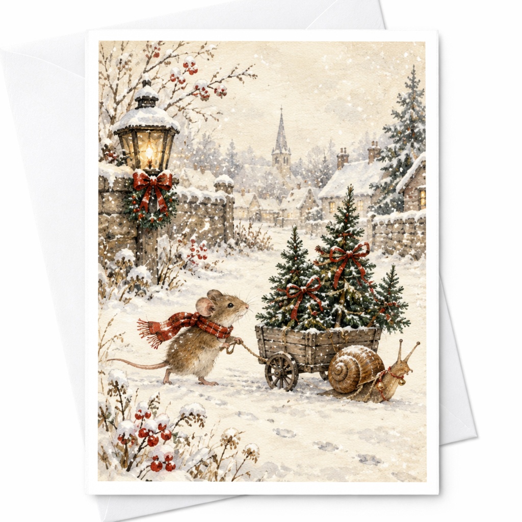 Mouse Pulling Cart With Christmas Tree Cute Christmas Card Winter Scene Holiday Greeting Card For Animal Lovers C9547