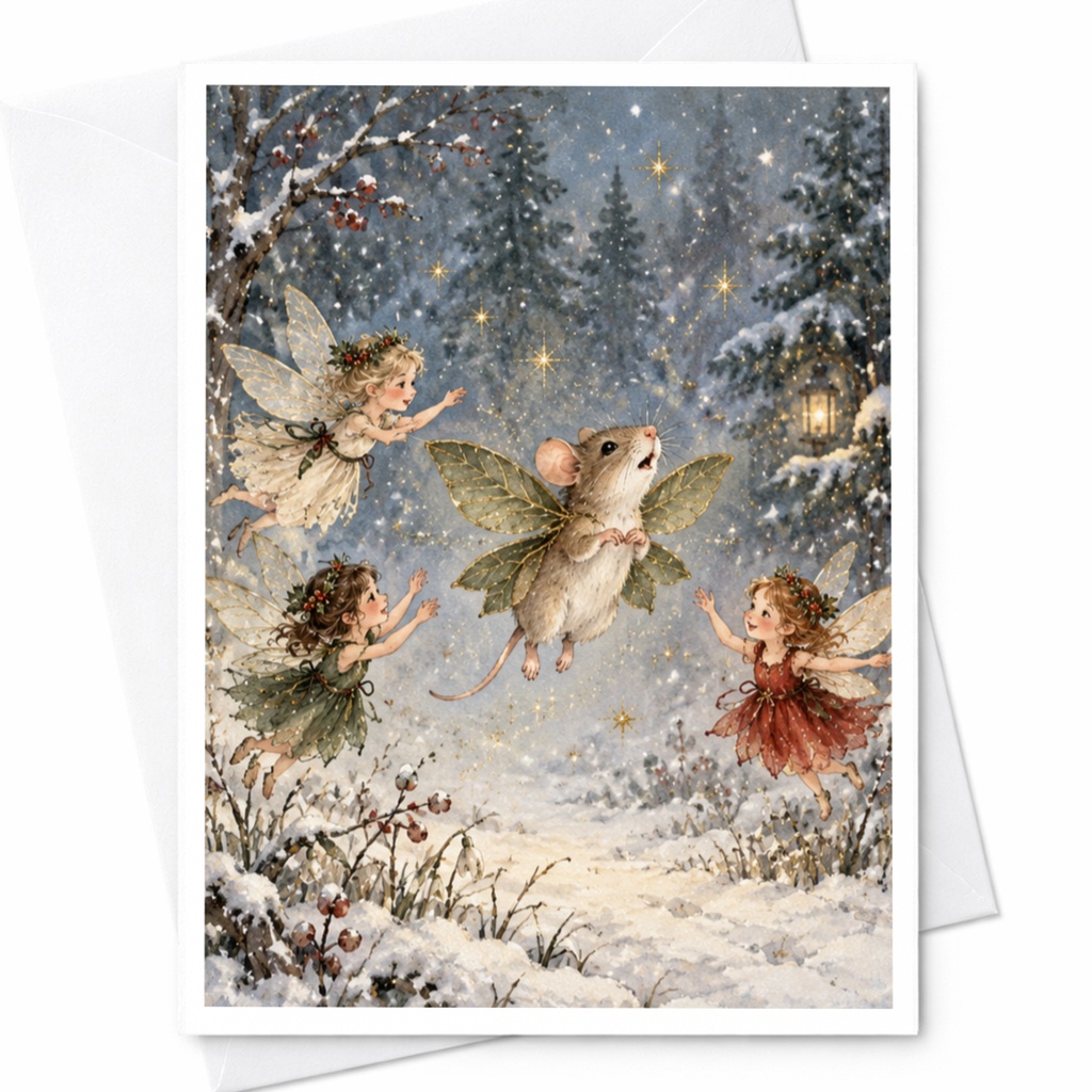 Fairy Mouse Winter Forest Card Blank Greeting Card Whimsical Animal Art For Nature Lover Cute Fantasy Illustration C9526