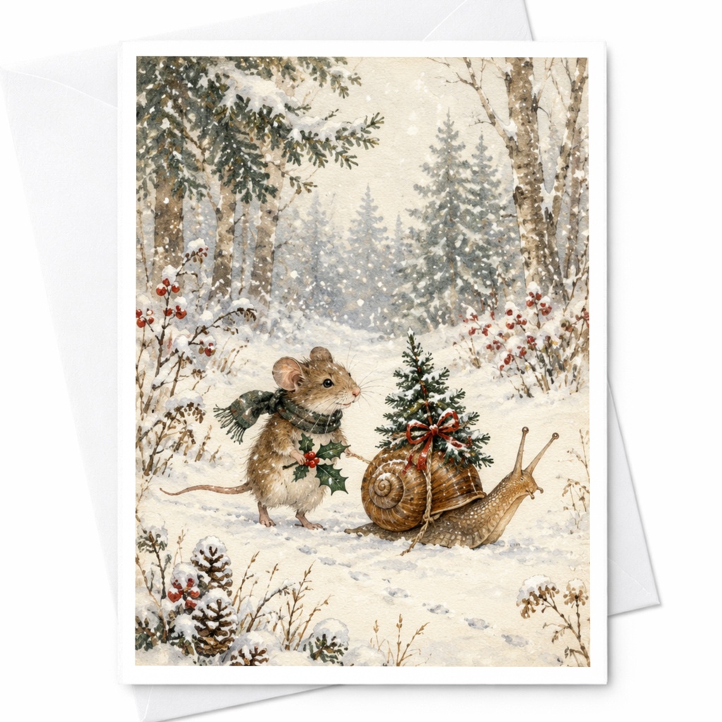 Mouse And Snail Christmas Card Winter Forest Scene Cute Animal Holiday Greeting Card For Nature Lover Woodland Art C9548