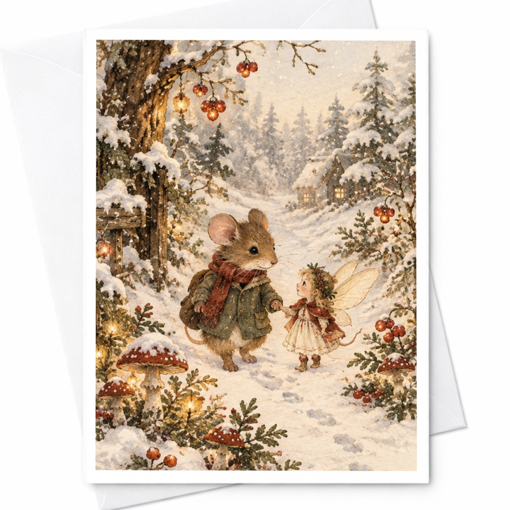 Mouse And Fairy Winter Forest Christmas Card Cute Holiday Greeting Card Woodland Animal Art For Kids Family Whimsical C9549