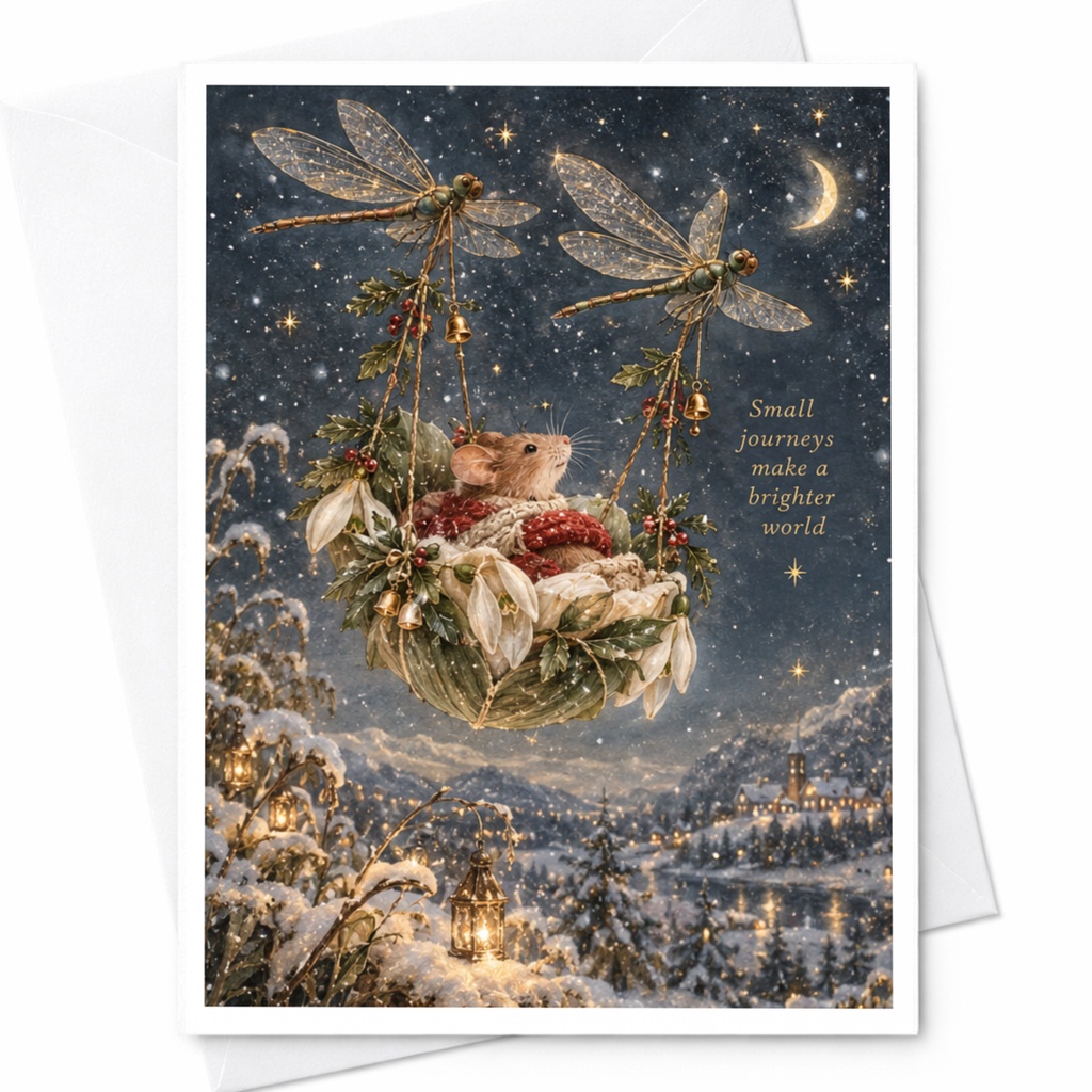 Small Journeys Make A Brighter World Cute Everyday Card Mouse In Leaf Basket With Dragonflies Whimsical Animal Card C9528